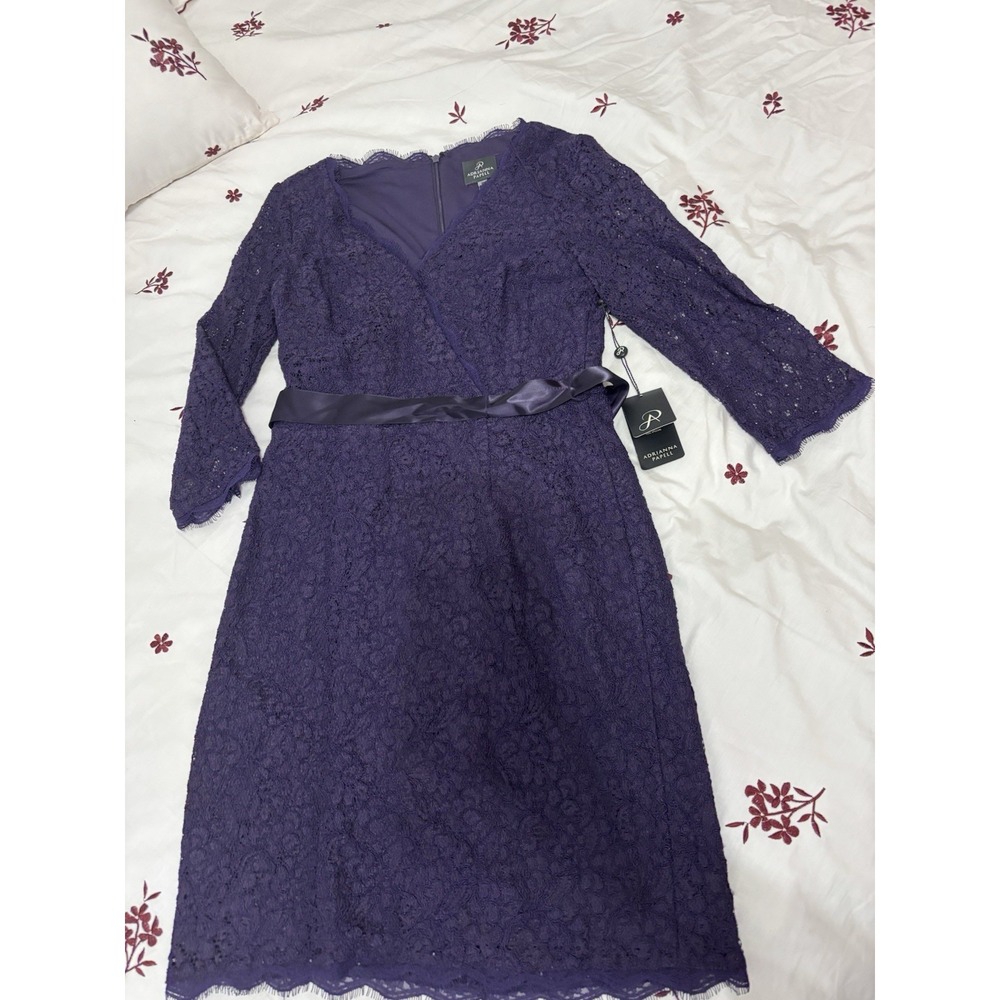 Adrianna Papell Purple Floral Lace Wrap Dress V-Neck Lined Belt Knee 4 041910400
